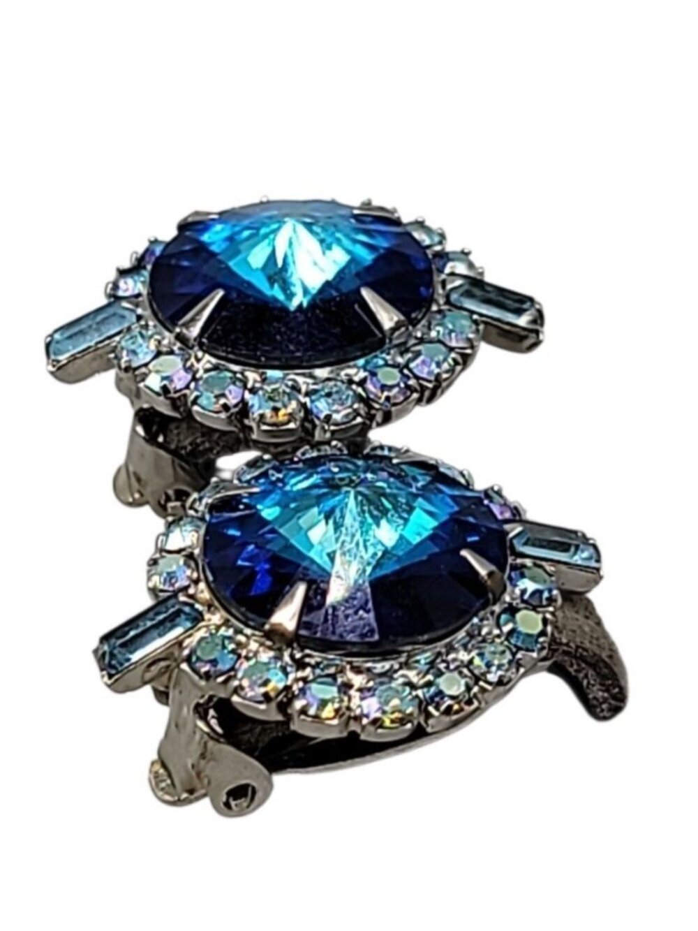 Juliana D&E Blue Rivoli Clip Earrings AB Rhinestone Halo & Baguette Accents VTG - Picture 5 of 9